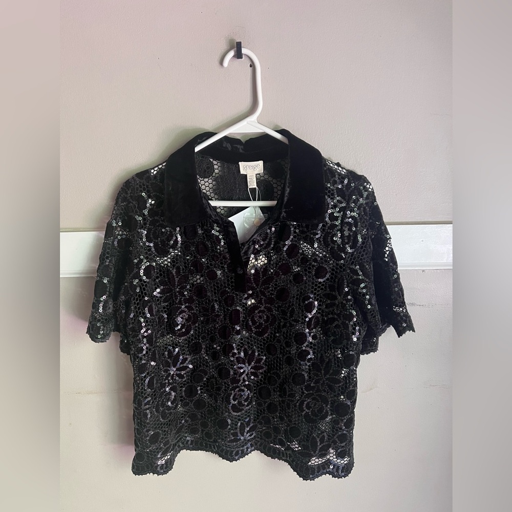 Greige Black Sequin Lace Polo Top with Velvet Trim